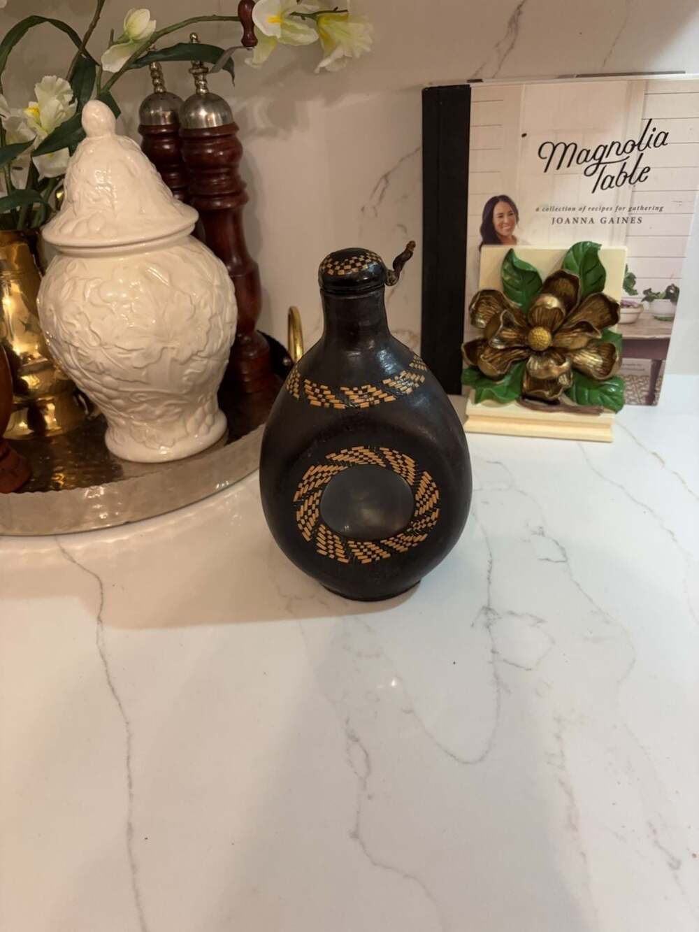 Vintage Hand-Carved Leather Wrapped Glass Decanter with Woven Detail